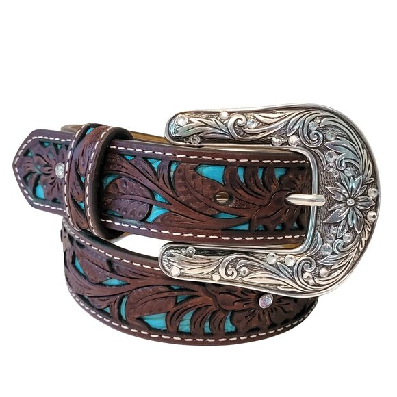 Ariat NEW Tooled Leather Turquoise Inlay Silver Rhinestone Buckle Belt 22"-26" - Picture 1 of 6